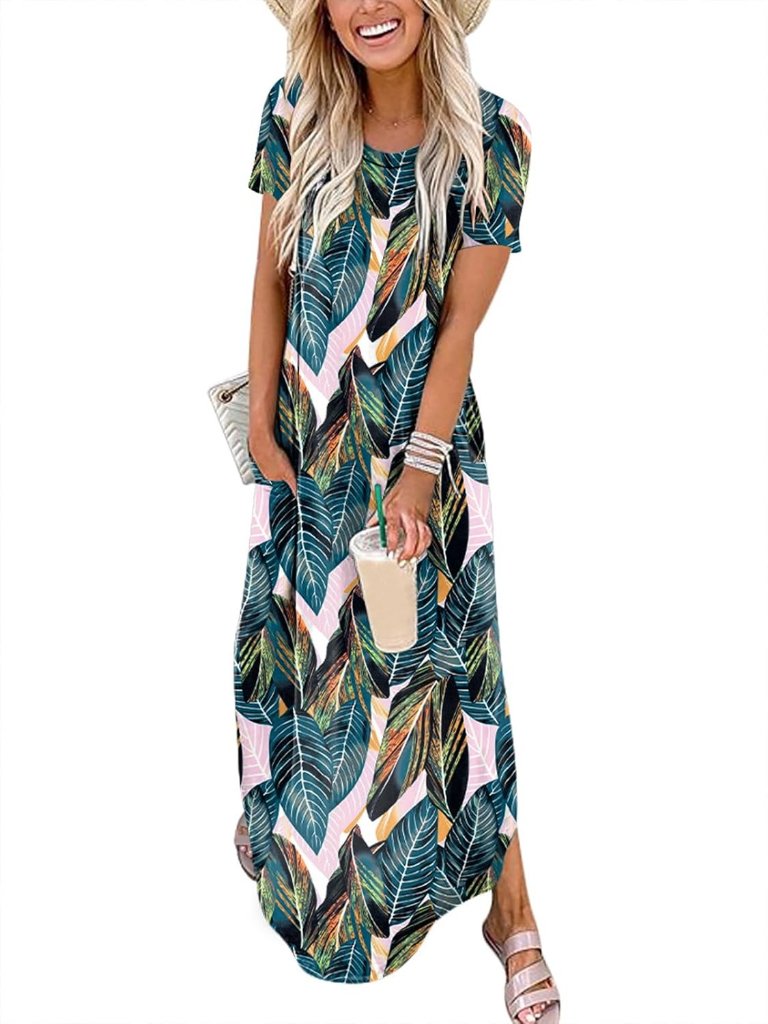 Women Leaf Print Summer Maxi Dress Short Sleeve Casual Split Beach Long T Shirt